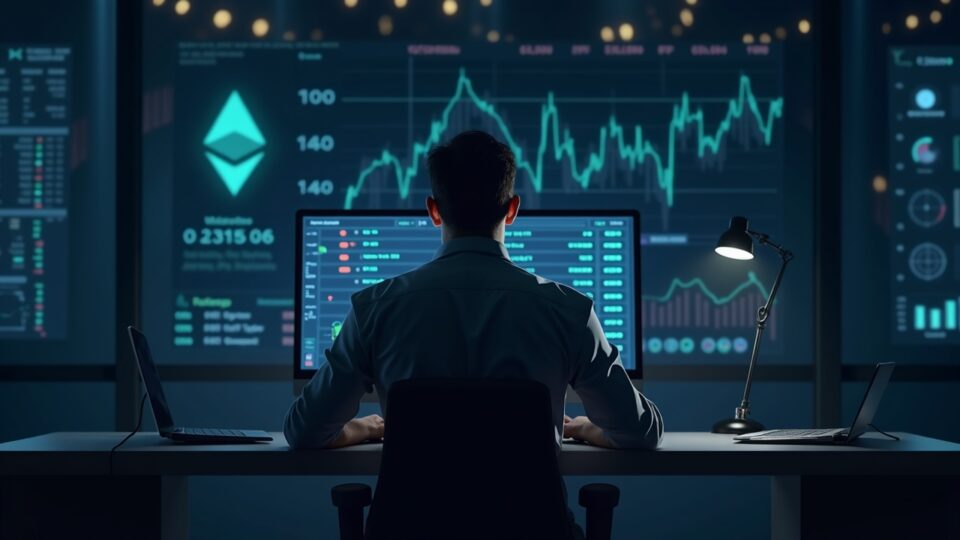 Photorealistic trader at a modern desk, on-chain stock ticker and Ethereum background, showing DeFi trading and risks.