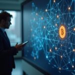 Professional reviews the Bitcoin logo and a map of Lightning Network nodes, symbolizing real-time payments.