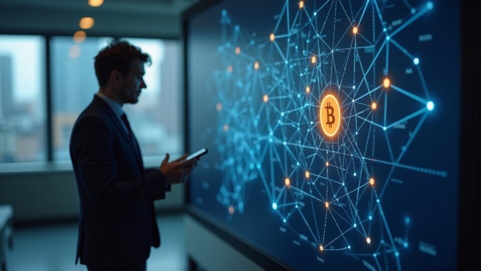 Professional reviews the Bitcoin logo and a map of Lightning Network nodes, symbolizing real-time payments.