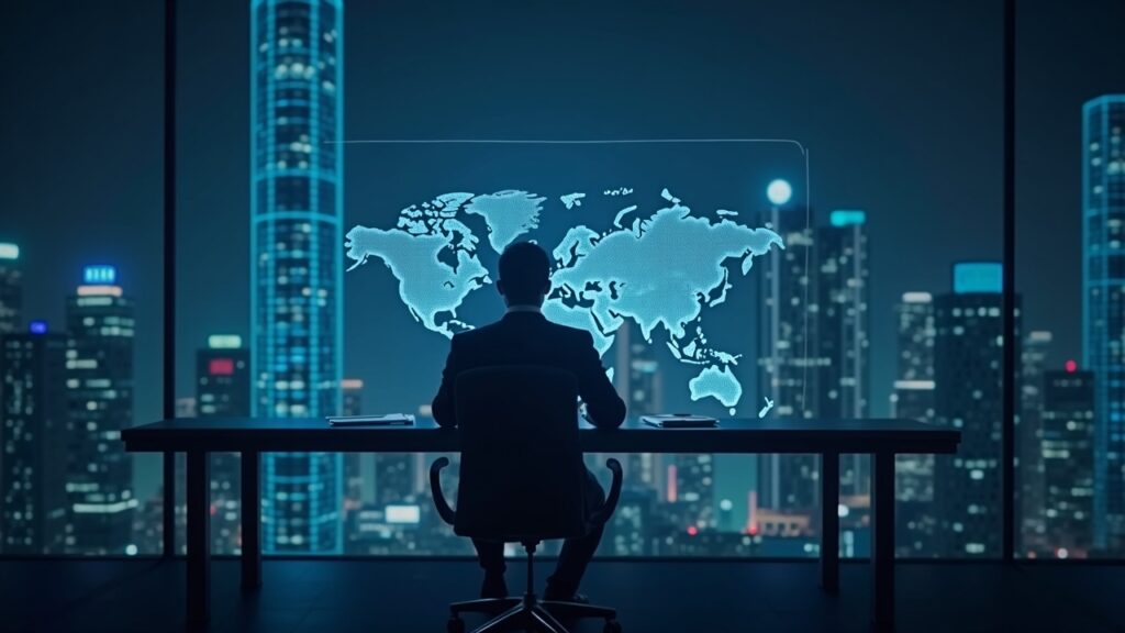 Crypto treasury executive analyzes a holographic map of stablecoins on a trading desk, urban skyline in the background.