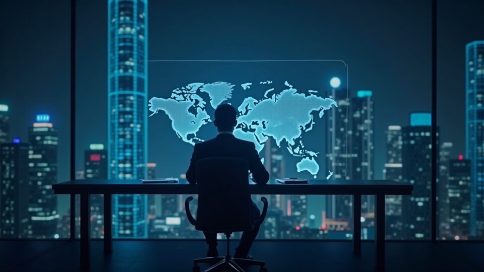 Crypto treasury executive analyzes a holographic map of stablecoins on a trading desk, urban skyline in the background.