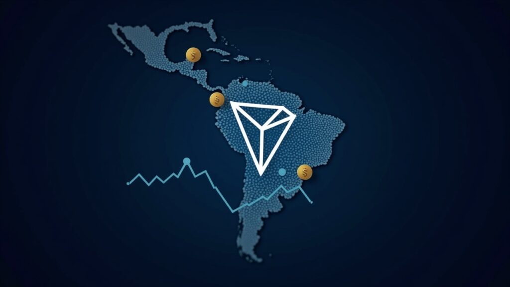Central TRON logo over a map of LATAM, stablecoin flows and an upward price chart