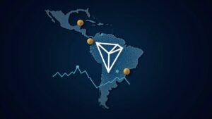 Central TRON logo over a map of LATAM, stablecoin flows and an upward price chart