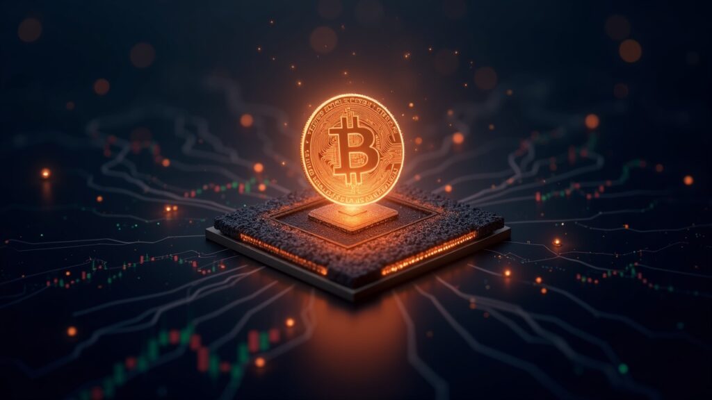 Luminous crypto token and AI chip, volatile price charts and a tariff icon, suggesting market manipulation.