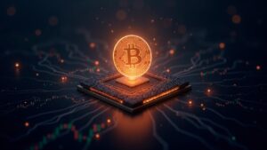 Luminous crypto token and AI chip, volatile price charts and a tariff icon, suggesting market manipulation.