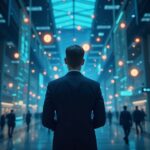 Financial executive in trading room, real asset tokens floating and regulatory symbols, IPO 2026 background