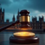 Judge's gavel over a digital Bitcoin, silhouettes of the British Parliament in the background and newsroom lights.