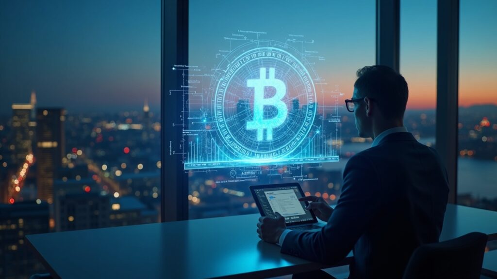 CEO in a glass office watches a holographic Bitcoin vault and a digital ledger, with the British skyline at sunset