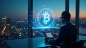 CEO in a glass office watches a holographic Bitcoin vault and a digital ledger, with the British skyline at sunset