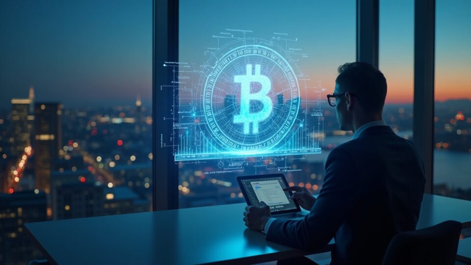 CEO in a glass office watches a holographic Bitcoin vault and a digital ledger, with the British skyline at sunset