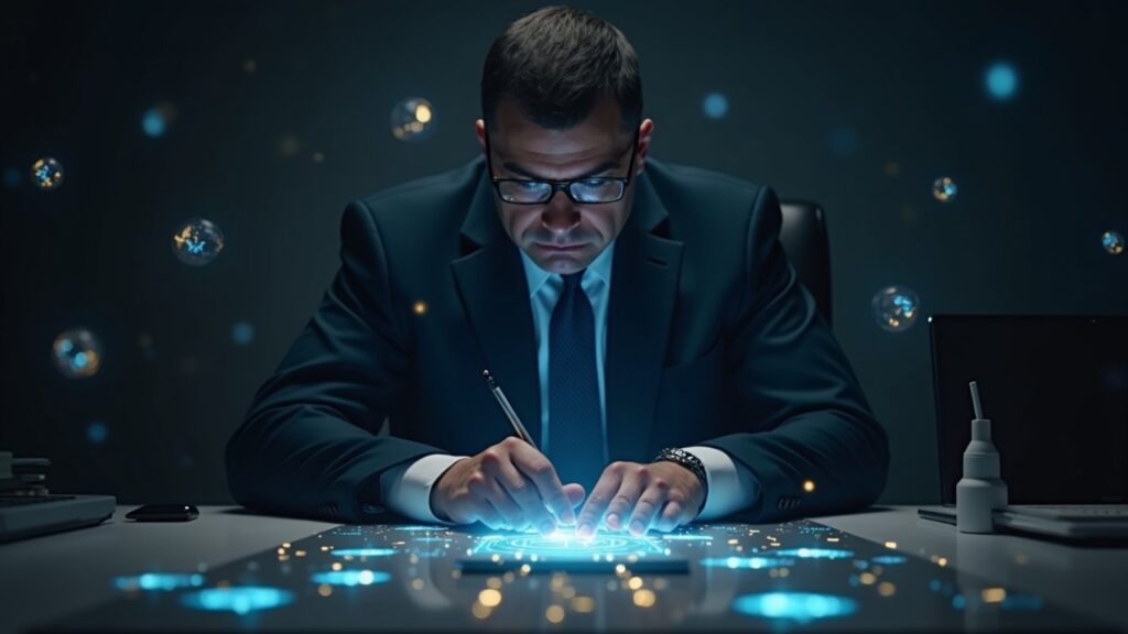 Ukrainian official at a modern desk, illuminated blockchain ledger and scattered cryptocurrency icons.