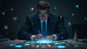 Ukrainian official at a modern desk, illuminated blockchain ledger and scattered cryptocurrency icons.