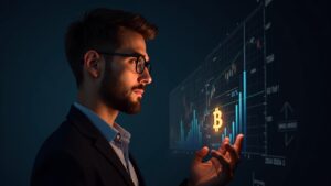 Realistic portrait of a cryptocurrency trader with a shining Bitcoin, holographic ETF charts and CME gaps.
