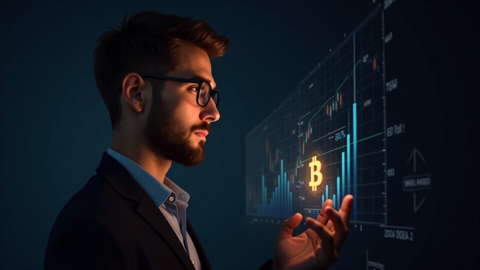Realistic portrait of a cryptocurrency trader with a shining Bitcoin, holographic ETF charts and CME gaps.