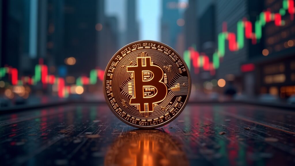 Bitcoin in the foreground with bullish charts, an indicator of a Fed cut and Nasdaq skyscrapers, to capture Uptober.
