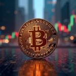Bitcoin in the foreground with bullish charts, an indicator of a Fed cut and Nasdaq skyscrapers, to capture Uptober.