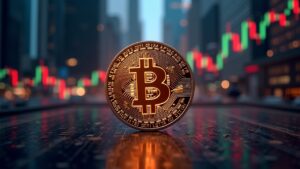 Bitcoin in the foreground with bullish charts, an indicator of a Fed cut and Nasdaq skyscrapers, to capture Uptober.