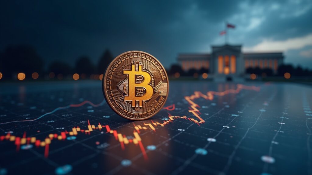 Bitcoin rising over a digital chart with ETF icons and the Fed building in the background, crypto news about Uptober and a price breakout.