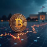 Bitcoin rising over a digital chart with ETF icons and the Fed building in the background, crypto news about Uptober and a price breakout.