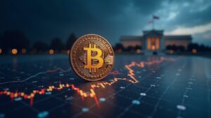 Bitcoin rising over a digital chart with ETF icons and the Fed building in the background, crypto news about Uptober and a price breakout.