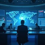 Futuristic newsroom with a central analyst and holographic SEC, EDGAR, and crypto data, plus a subtle US flag.