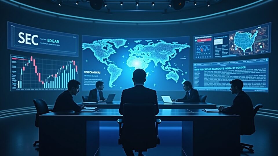 Futuristic newsroom with a central analyst and holographic SEC, EDGAR, and crypto data, plus a subtle US flag.