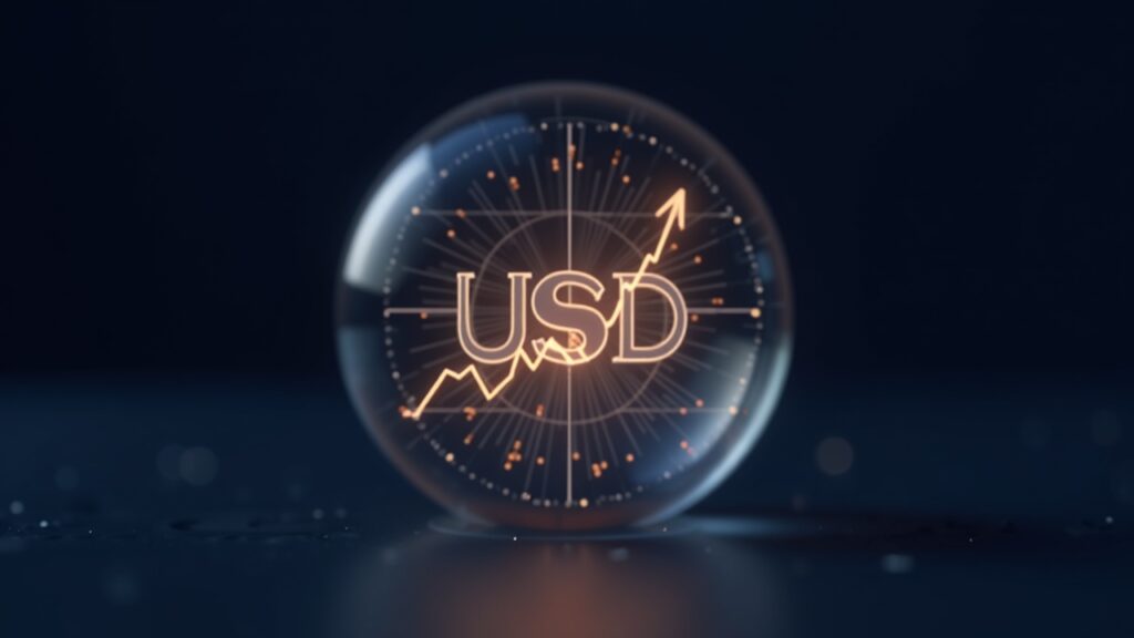 USDC emblem shining inside a transparent sphere, with upward graphs and Circle logo on a panel.