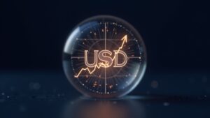 USDC emblem shining inside a transparent sphere, with upward graphs and Circle logo on a panel.
