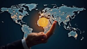 Realistic cover: person holding USDPT token; Solana and Anchorage logos; world map with 400k agents.