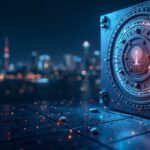 Solana digital vault with network lines, USYC tokens circulating and a DeFi desk; regulatory horizon.