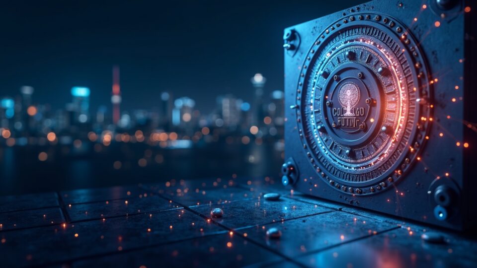 Solana digital vault with network lines, USYC tokens circulating and a DeFi desk; regulatory horizon.