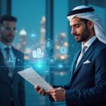 Dubai regulator in a suit, holographic crypto icons and a license document, with the Dubai skyline in the background.