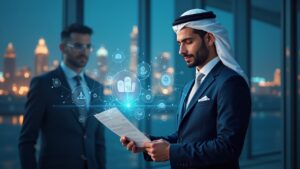 Dubai regulator in a suit, holographic crypto icons and a license document, with the Dubai skyline in the background.