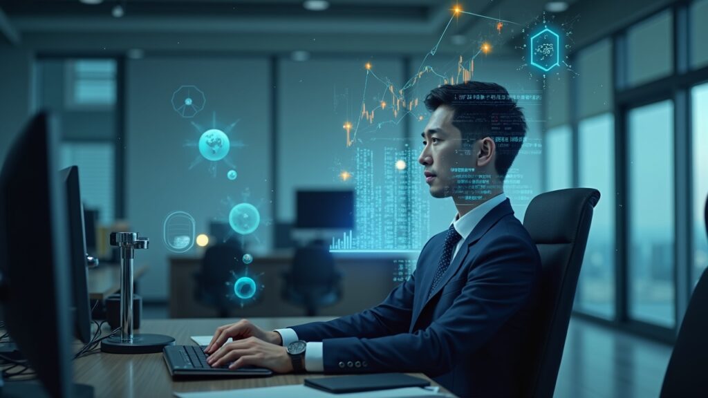Vietnamese central banker in a modern office, with holographic crypto charts and regulatory symbols.