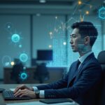 Vietnamese central banker in a modern office, with holographic crypto charts and regulatory symbols.