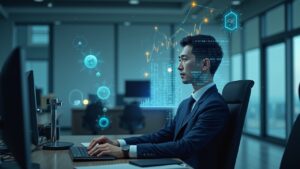 Vietnamese central banker in a modern office, with holographic crypto charts and regulatory symbols.