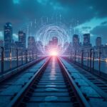 Realistic news-style scene: a technological bridge connects banks and a multichannel blockchain network, lending and compliance.