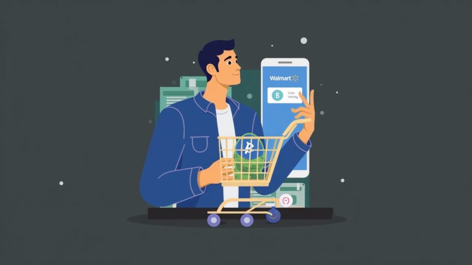 Buyer uses the Walmart OnePay app with BTC and ETH icons, illustrating the conversion of crypto to cash at the checkout.