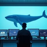 Central figure in a modern office; screens show SOL, AAVE and ASTER; silhouette of a whale illustrates on-chain flows and DeFi