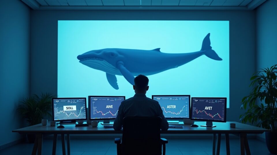 Central figure in a modern office; screens show SOL, AAVE and ASTER; silhouette of a whale illustrates on-chain flows and DeFi