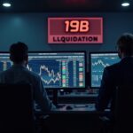 Hyperrealistic crypto trading room with trader in front of screens, Bitcoin falls and 19B liquidation.