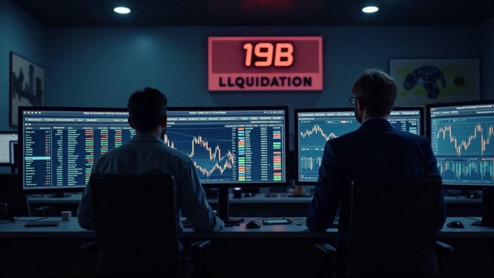 Hyperrealistic crypto trading room with trader in front of screens, Bitcoin falls and 19B liquidation.