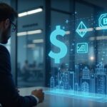 UK retail investor in a modern office, holograms of Bitcoin and Ethereum ascend against FCA blueprints.