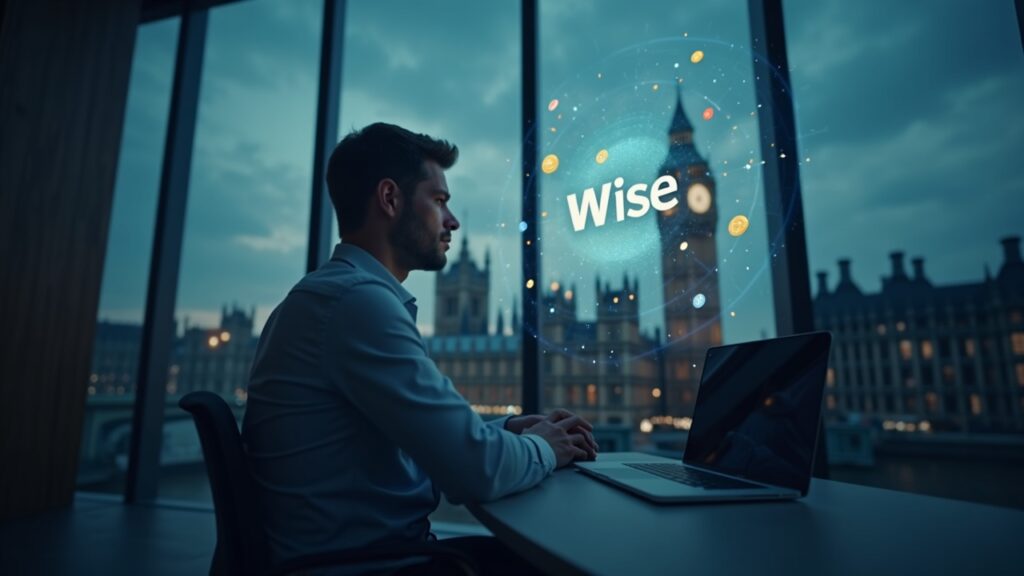 Product lead in a modern office with holographic stablecoins orbiting the Wise logo, London skyline visible through glass.