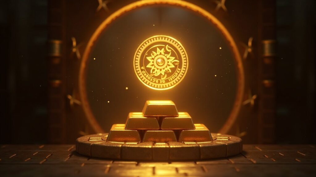 Photorealistic vault with gold bars and a translucent XAUt mesh overlay.