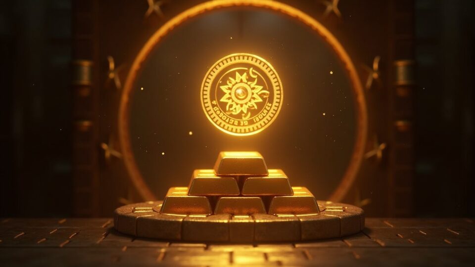 Photorealistic vault with gold bars and a translucent XAUt mesh overlay.