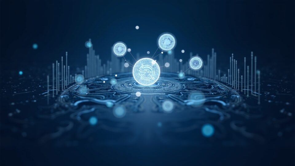 Central illustration of XDC Network and Contour with digital ledger, stablecoins in tokenized trade documents.