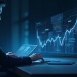 Professional trader in front of a desk with a holographic ascending chart and the XLM logo, pointing at cross-border payments.