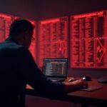 Newsroom scene with XRP panels in red and a whale silhouette over the order book, symbolizing a mass sell-off and liquidity risk.