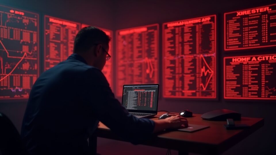 Newsroom scene with XRP panels in red and a whale silhouette over the order book, symbolizing a mass sell-off and liquidity risk.